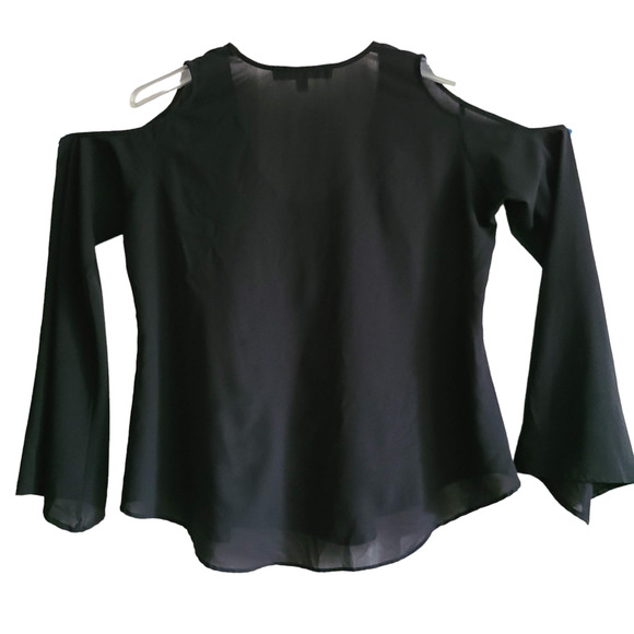 LOVERS + FRIENDS Black Bell Sleeve Cold Shoulder Top Blouse Scoop Neck Large - Picture 4 of 12